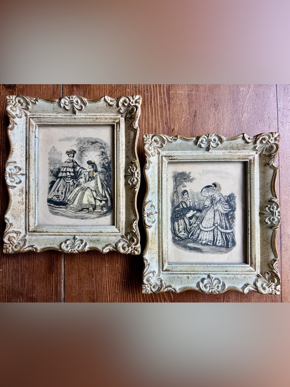 Vintage Victorian Fashion Prints Very Fine Condition Baroque Ornate Frames-Pair